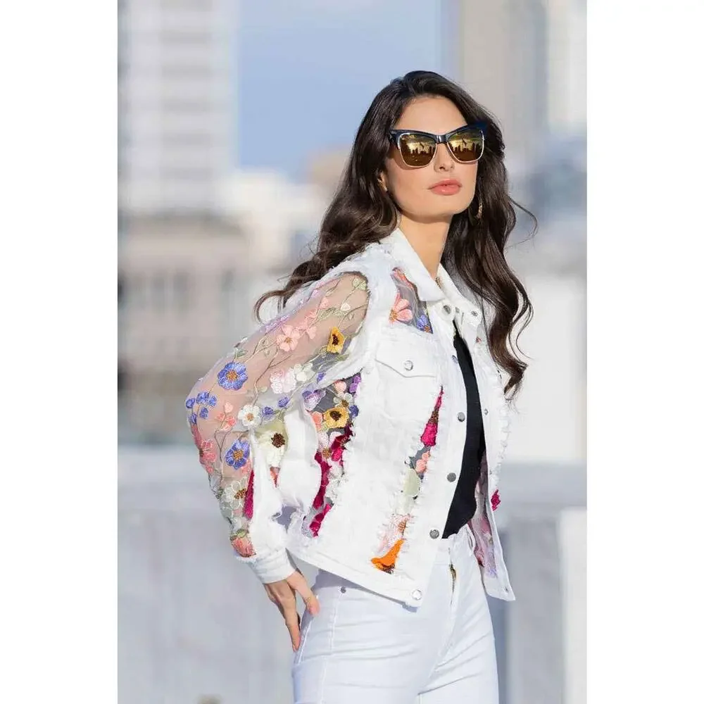 White Denim Jacket with Floral Embroidery - Picture 1 of 6